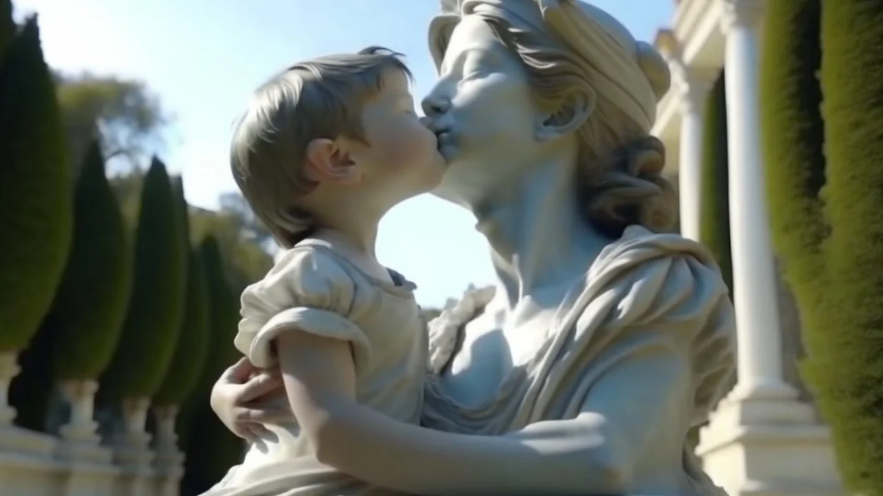 Neoclassicism mother giving child a kiss whole body zoom out realistic cote d'azur