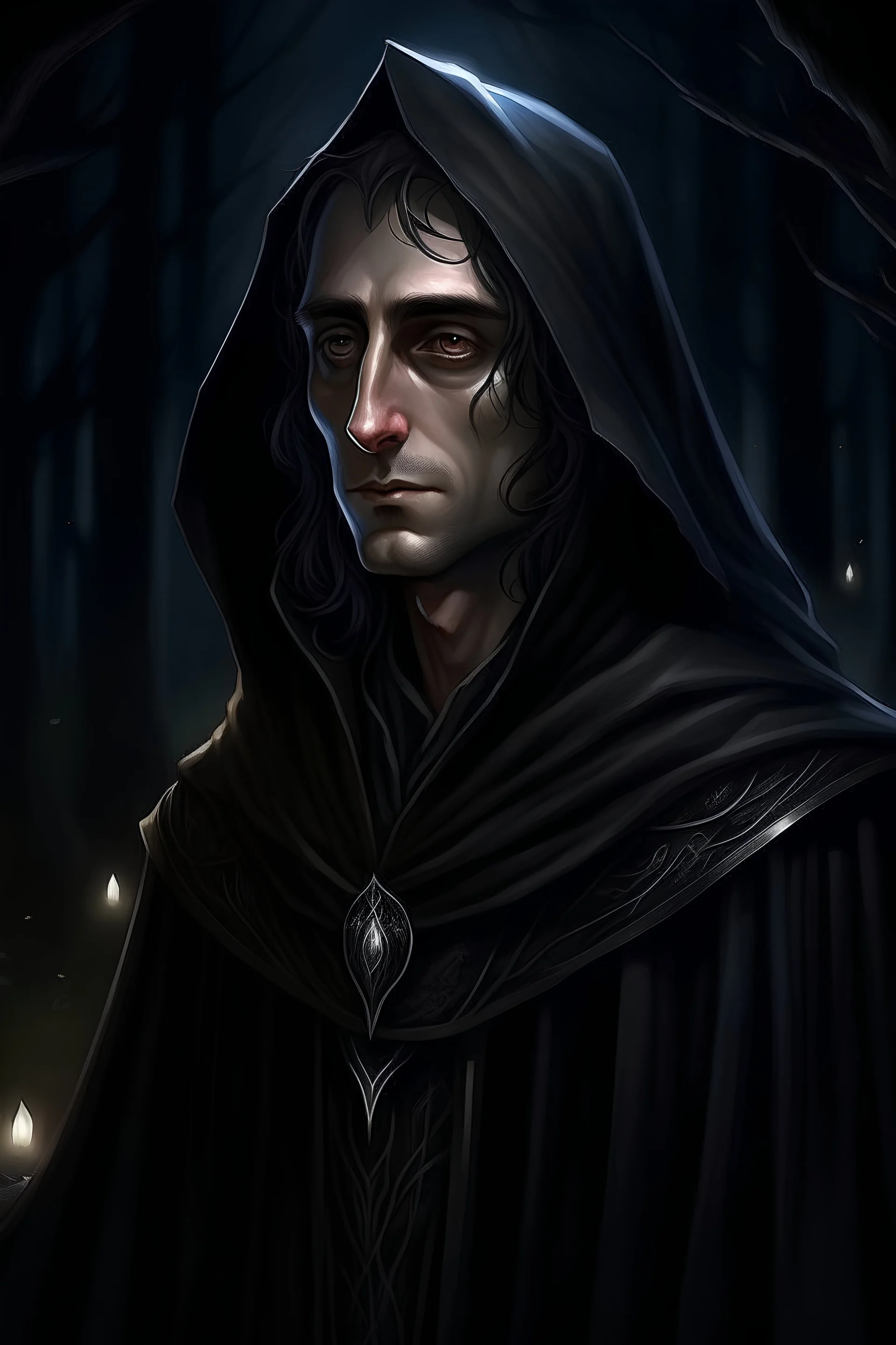 Male Elf Shadowcaster in cloak Portrait all black at night