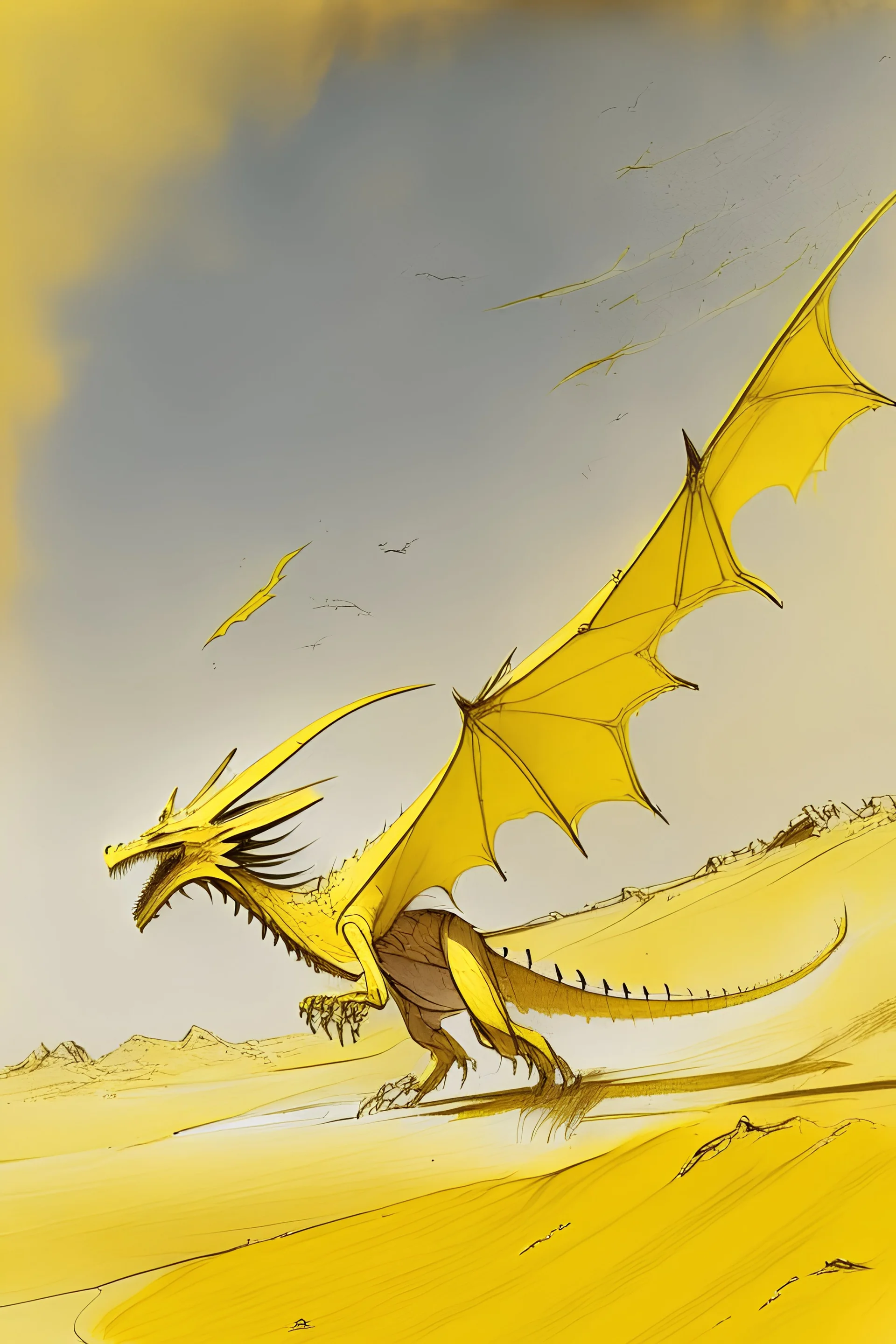 A Sketch of a large yellow dragon flying over a desert