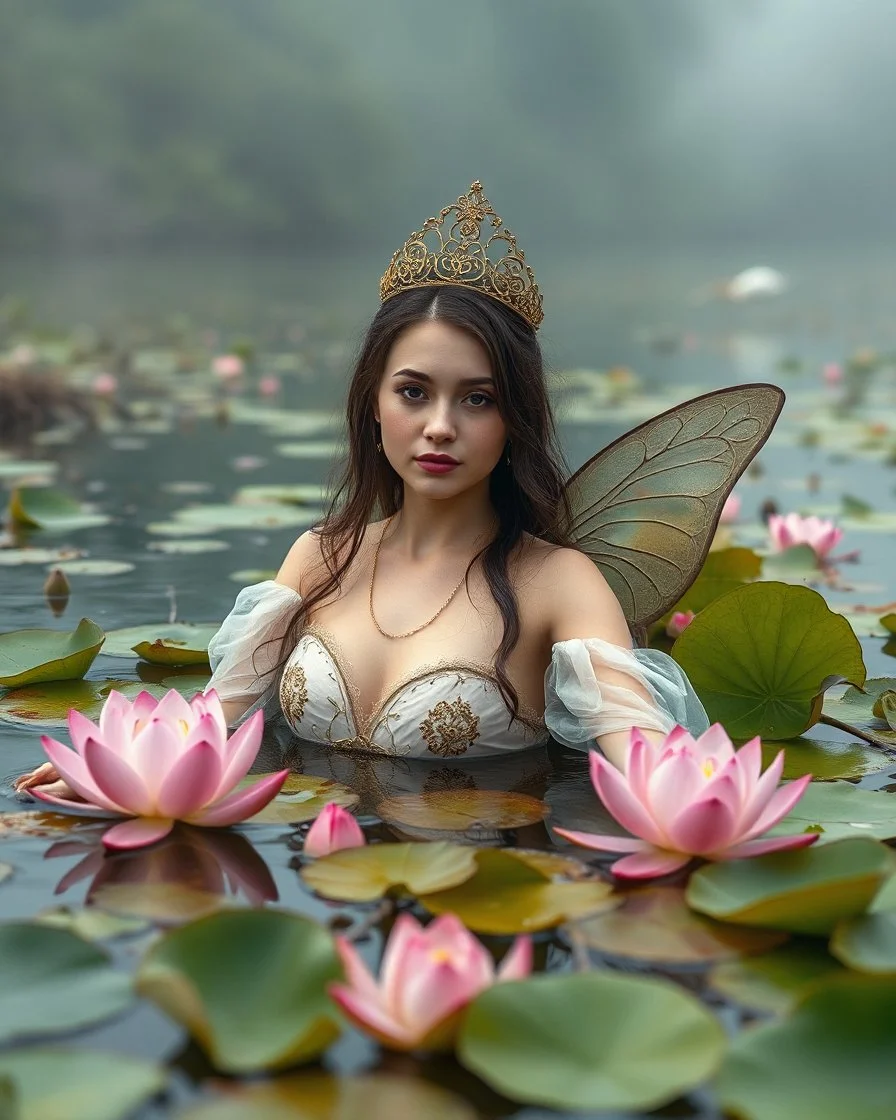 Lens focus DSLR Camera Photography full length image beautiful humanoid Russian Pretty Girl as A Fairy Queen sorrounded full of lotus flowers leaves plenty,fullbody pretty fairy lady drown into the river swim on swampriver and the wonderful river sorrounded birds and flowers, morning heavy fog and smokes background,realistic potrait photoshoot experiences photographer