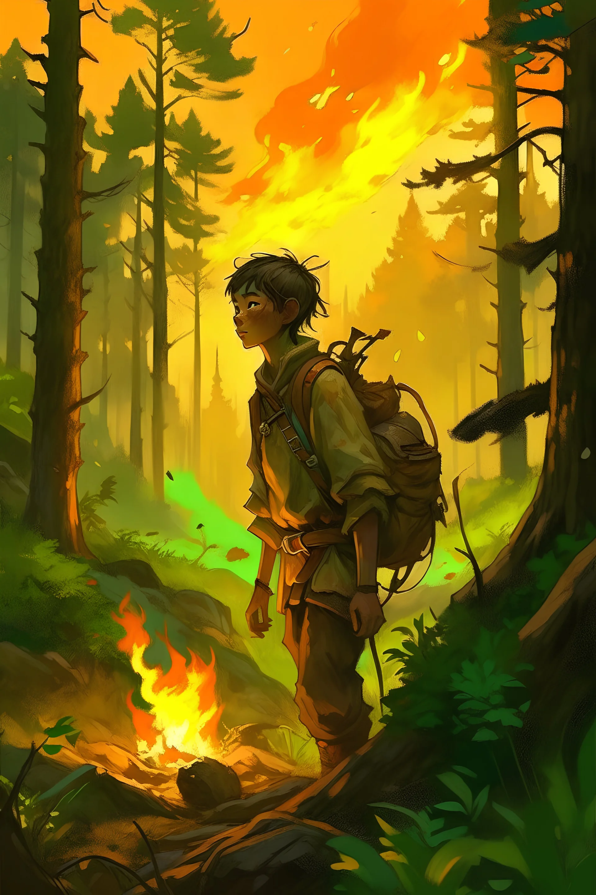 The young adventurer emerging from the forest at dawn, carrying the remnants of the fire and radiating a newfound sense of courage