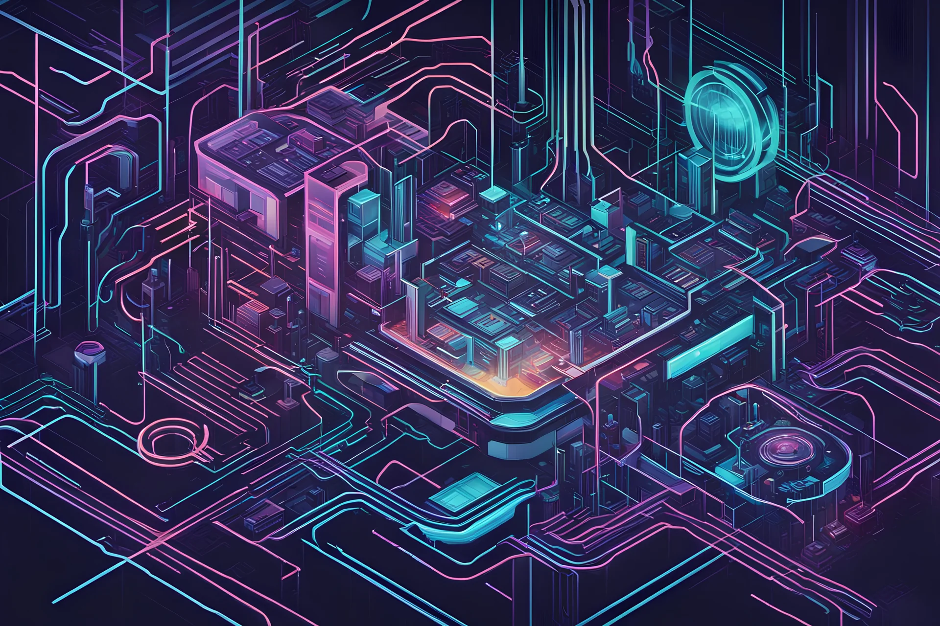 Abstract depiction of a futuristic factory, with connected elements like a computer chip. Make it colorful and stylised. Emphasis on complexity but make it clean and neat. Top down view. A network of abstract iridescent lines and parts that are complex beyond understanding yet somehow simple. Dark themed but pops of color