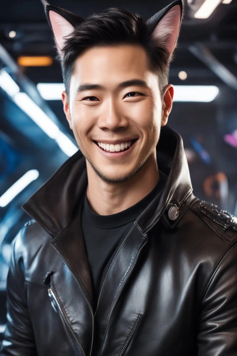 Smiling Male Half-Asian actor with cat ears in a leather jacket, on a spaceship deck