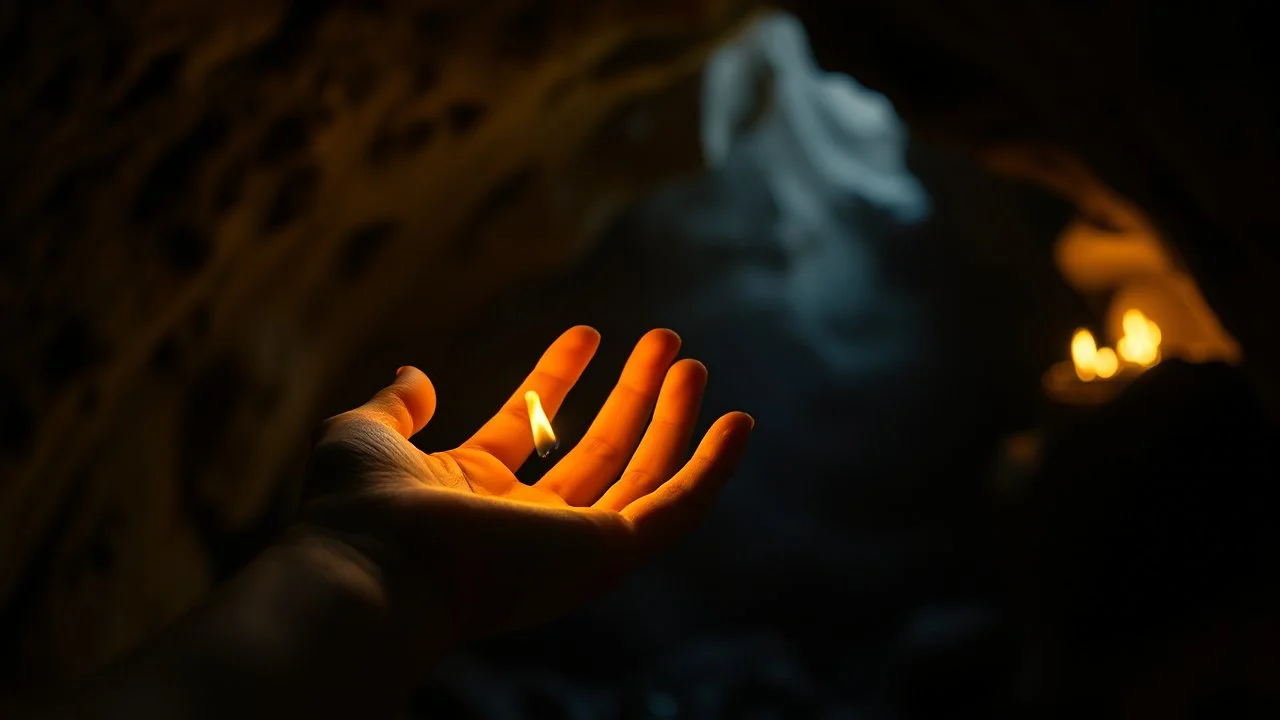 close-up of nature female hand holding a mystical flame, in the background a dark sinister cave, the inside of the cave is illuminated by the flame with dark yellow light,, close shot, detailed, high realistic, perfect photo, dramatic