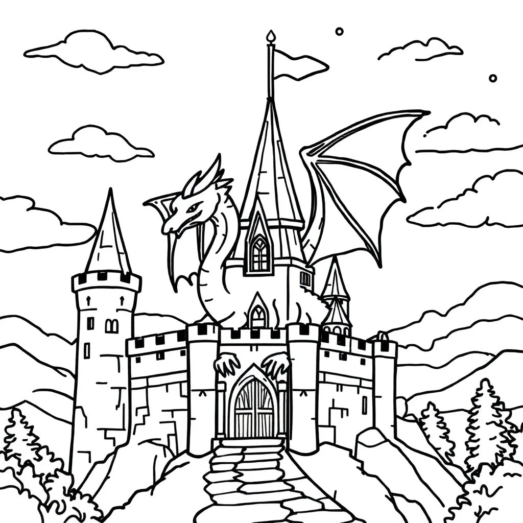 bold and easy fantasy dragon on the castle coloring page. Each has very thick black outlines, making the details simple and fun to color.