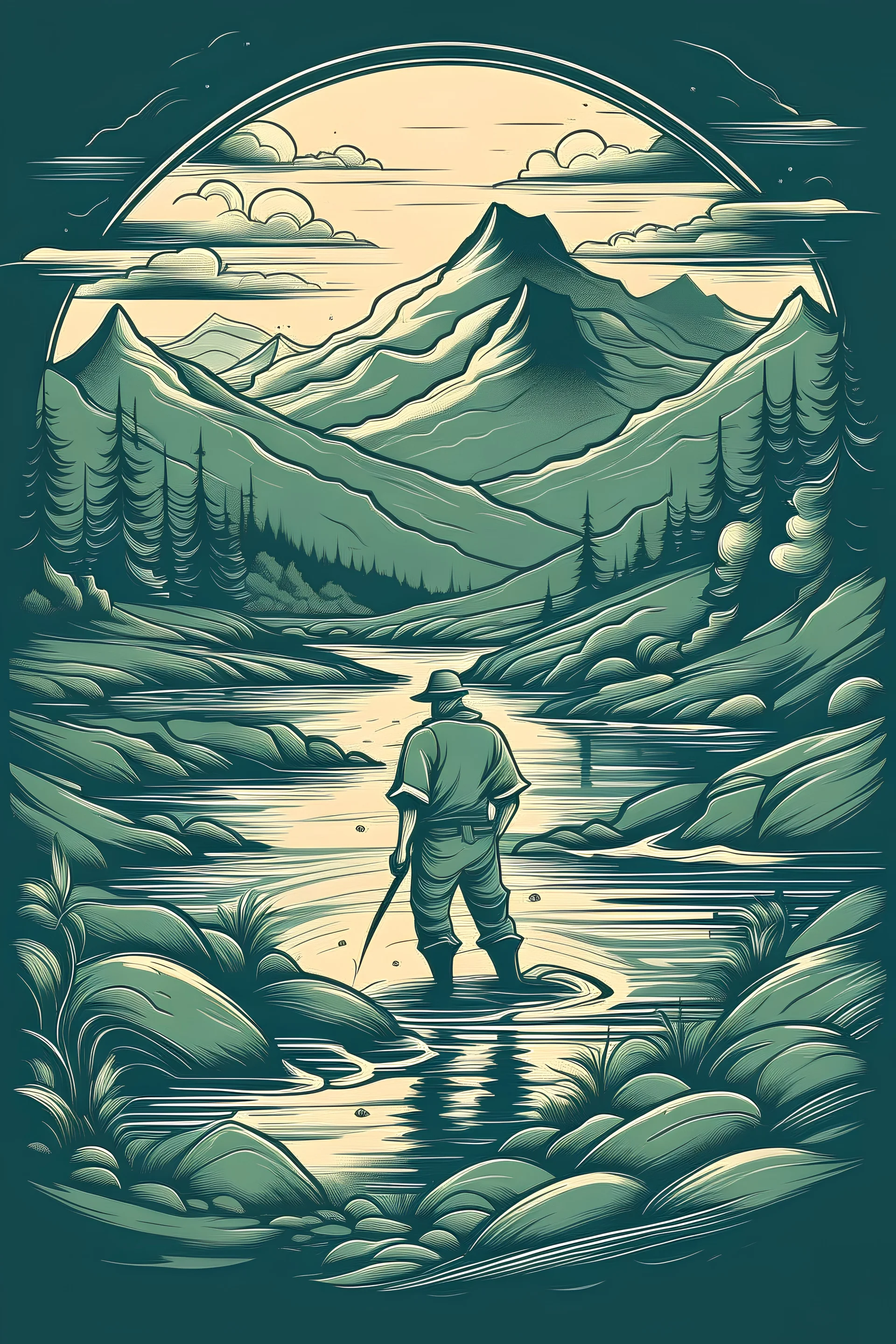 a tshirt design with a fisherman and a river and mountains