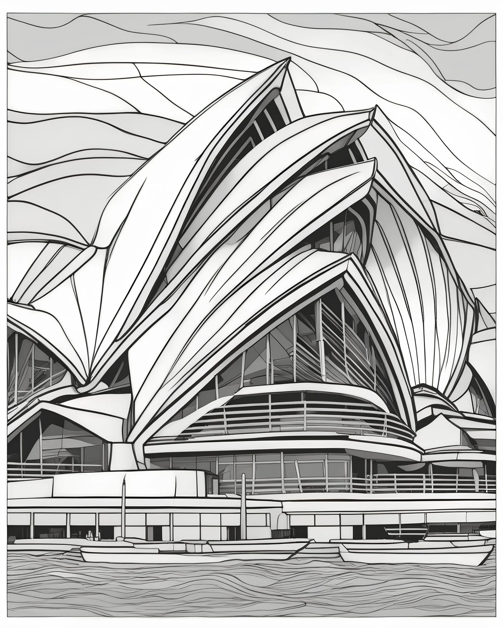 a coloring page, depicting the Sydney opera house, black and white, line art, outline, highly defined lines, hand drawn, grayscale