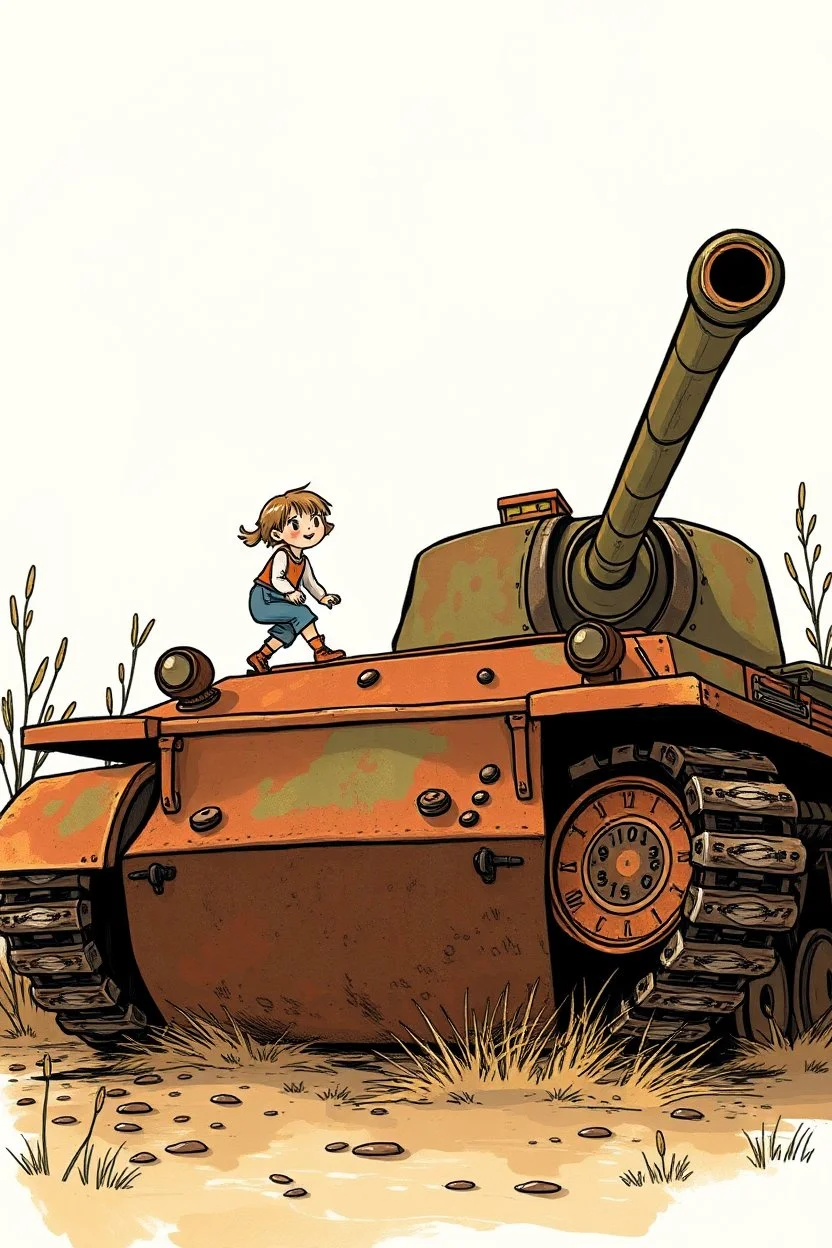 A small girl and boy playing and smiling by climbing on drawn of a rusty old abandoned tank in a 70's illustration style with tin tin out of it