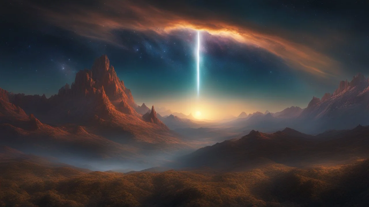 A stunning night sky seen from the bottom of a deep valley. a dying star. unicorn. exquisite realism, a masterpiece, fantasy concept art, dynamic lighting, intricately detailed, deep color, Unreal Engine, volumetric lighting, Epic cinematic brilliant stunning intricate meticulously detailed dramatic atmospheric maximalist digital matte painting. Jeff Easley