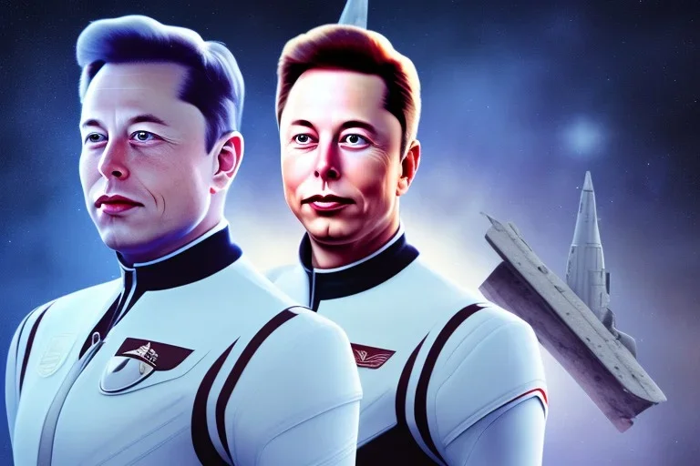 Elon with Vulcan ears. standing in front of starbase holding a phaser