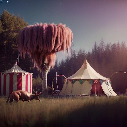 Ultra realistic circus scene. Sweet hair monster jumping. night, smooth color, waist up view, Wes Anderson style, dark ambient, highly detailed, concept art, unreal engine 5, god rays, ray tracing, RTX, lumen lighting, ultra detail, volumetric lighting, 3d, finely drawn, high definition, high resolution.