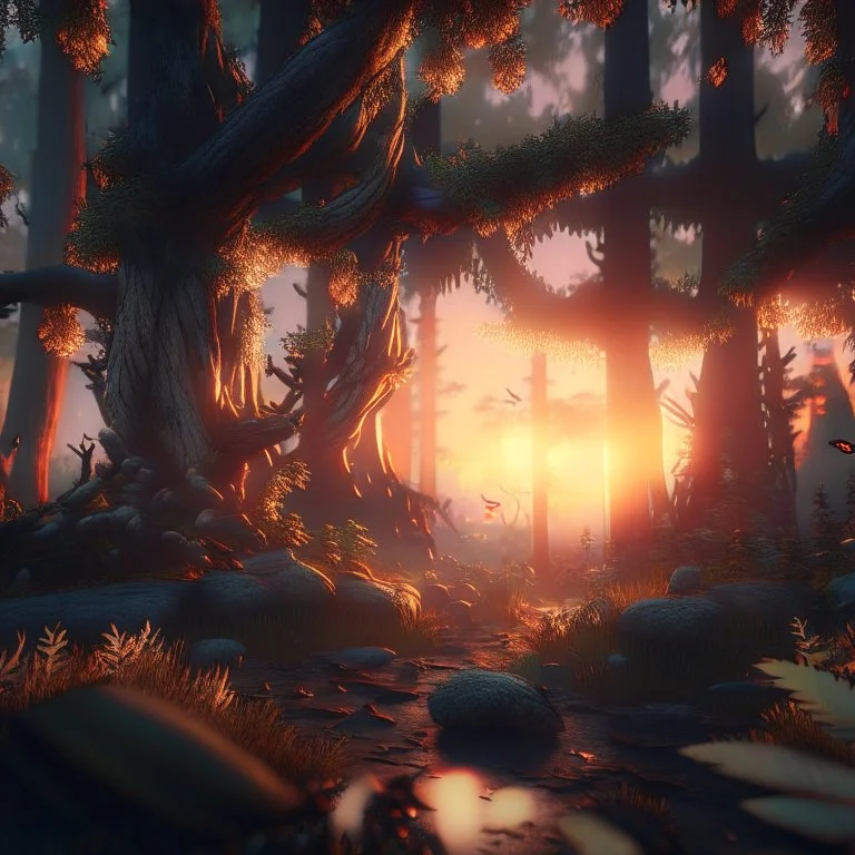 fantasy forest at sunset, photorealistic, unreal engine 5, masterpiece, trending on artstation, sharp focus