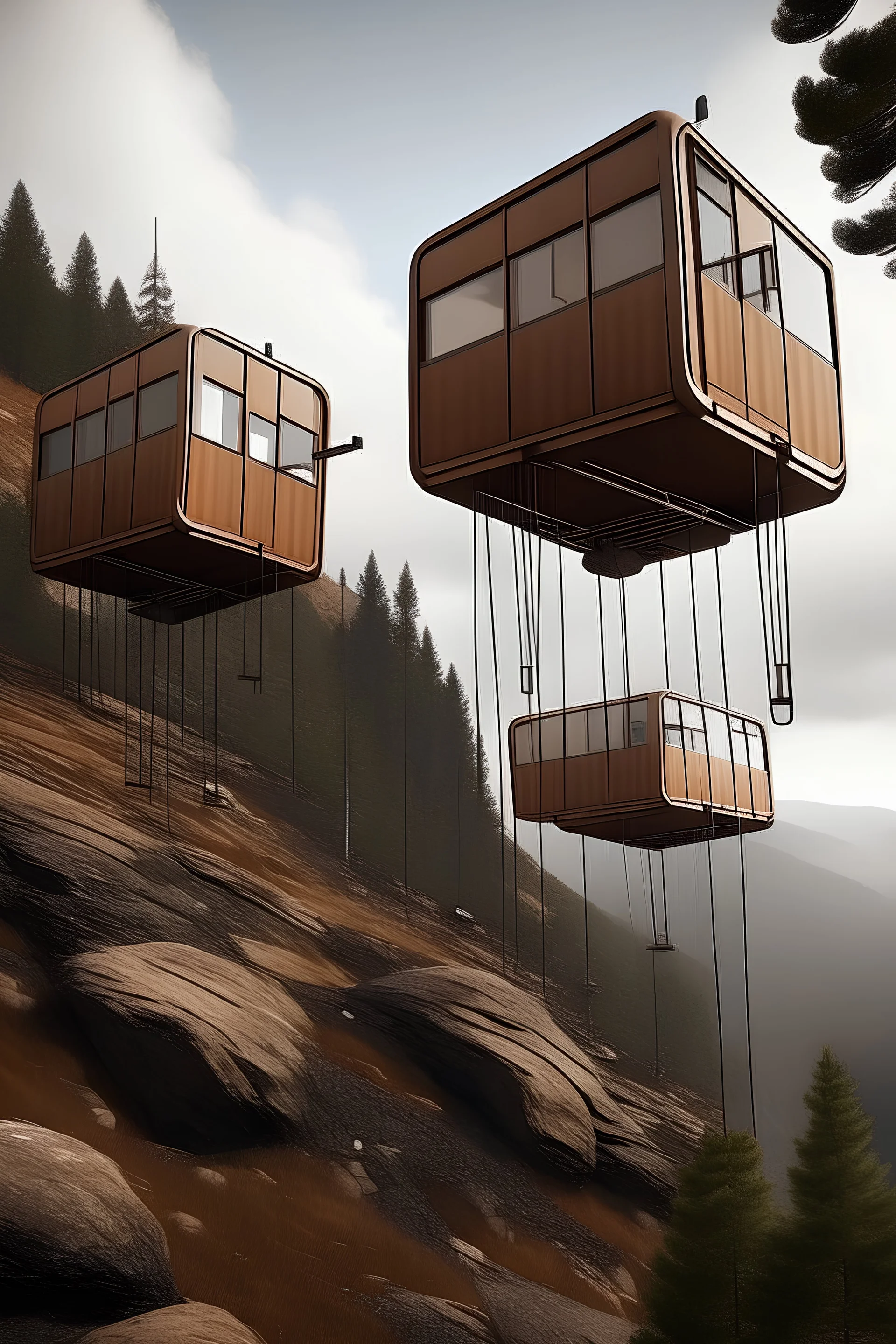 Capsules rooms suspended in the air and attached to the brown mountain by solid bars.