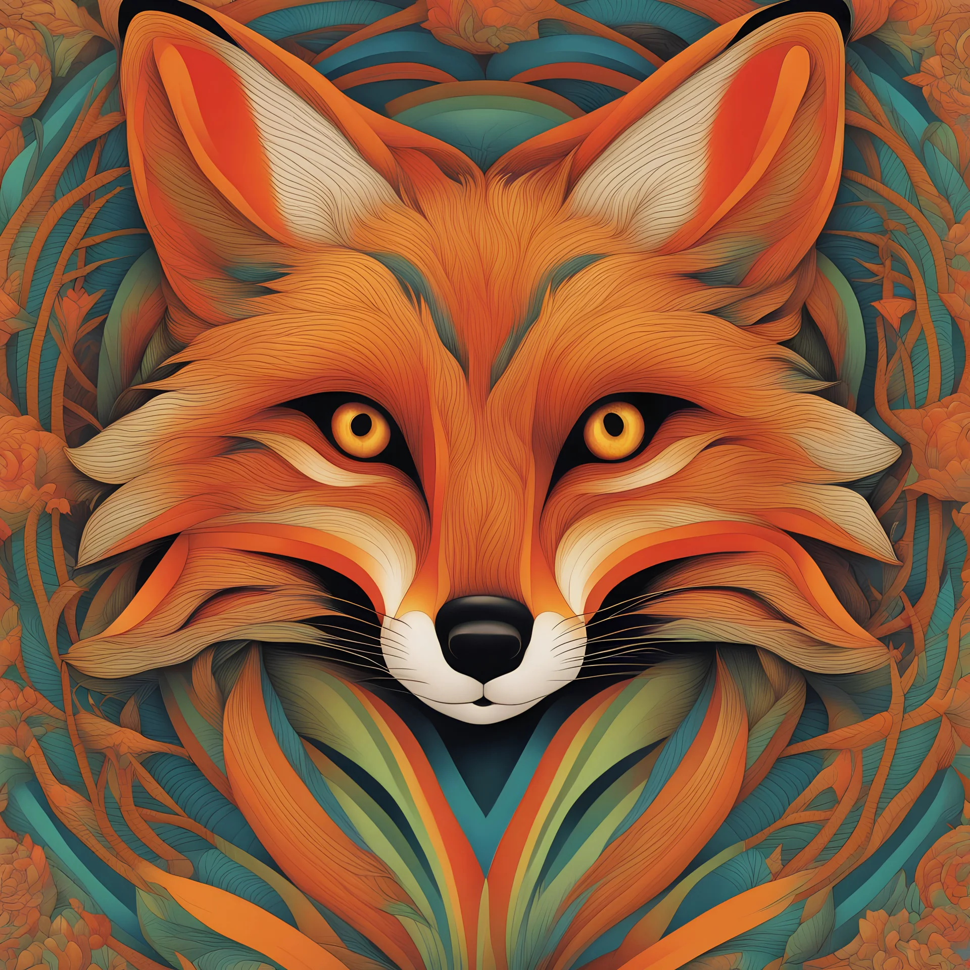 A mesmerizing optical illusion of a fox image, in an intricate guilloche style with overlapping bright colors,