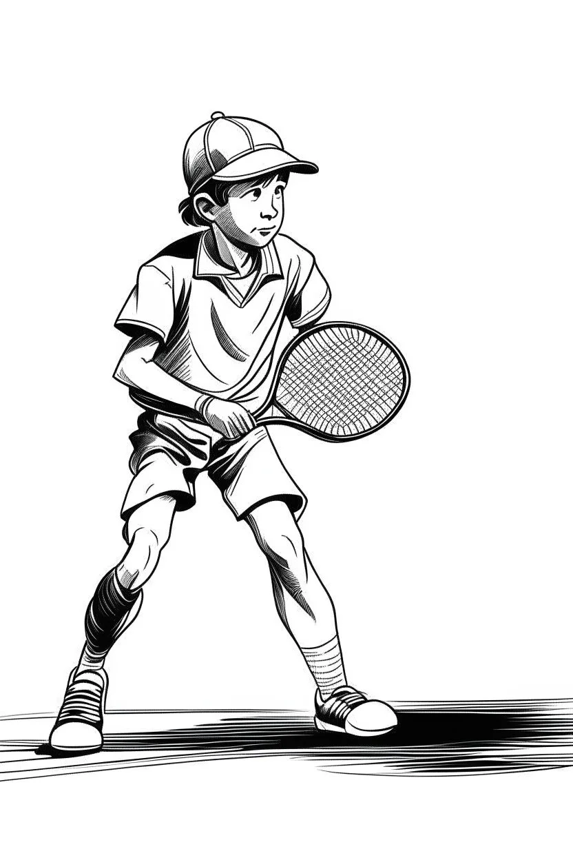 A black and white image of a classic tennis player KIDS performing a backhand swing on a grass court. Style: Vintage Photography, Mood: Timeless and Skillful, Lighting: Sunlight with soft shadows, T-shirt design graphic, vector, contour, white background.