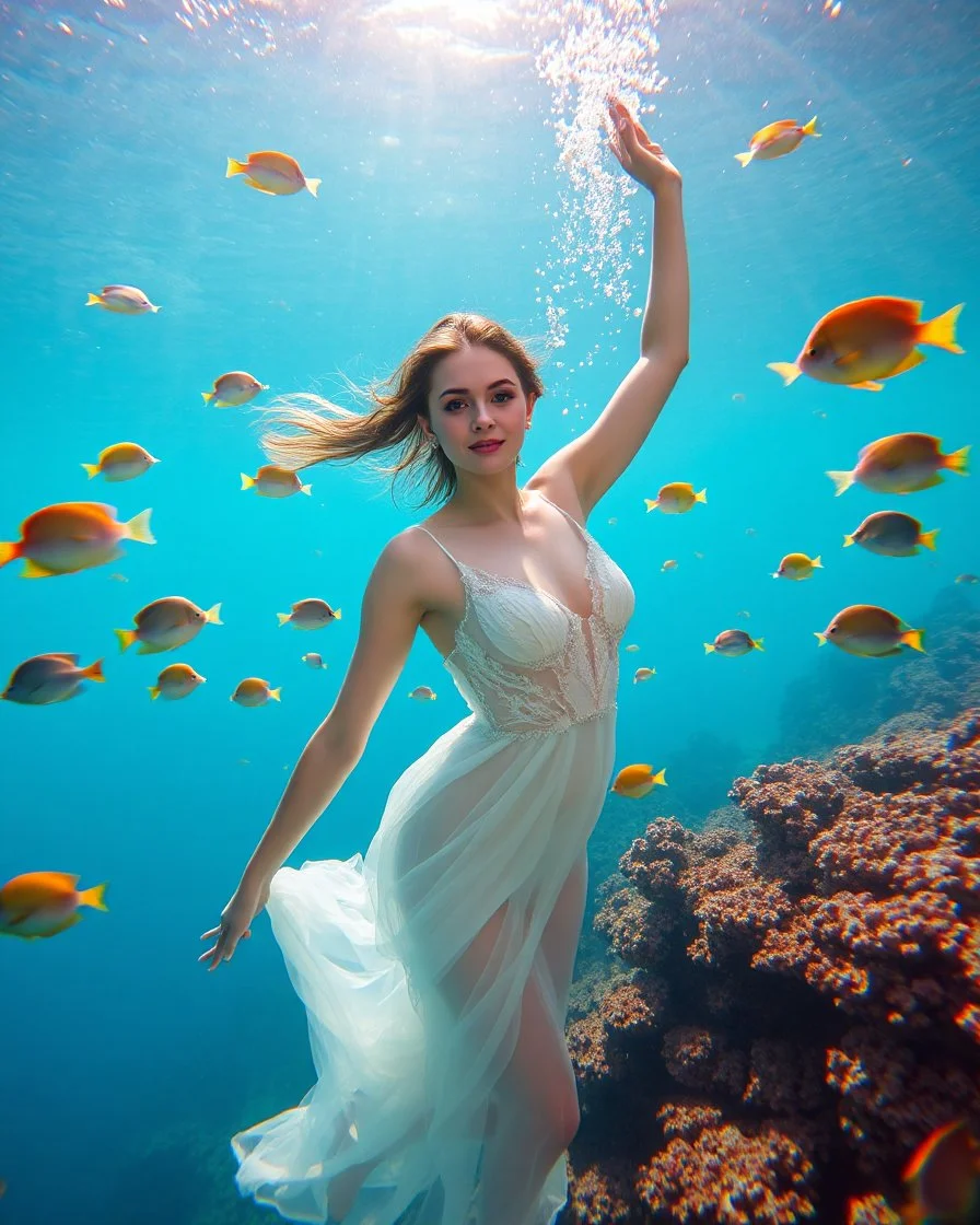 ocean jewel, a subaquatic dream, very beautiful, underwater elegance, a dancing young woman, face to the camera, gorgeous, transparent white dress, colorful fish swimming around, corals, golden threats, sun rays penetrating through the water