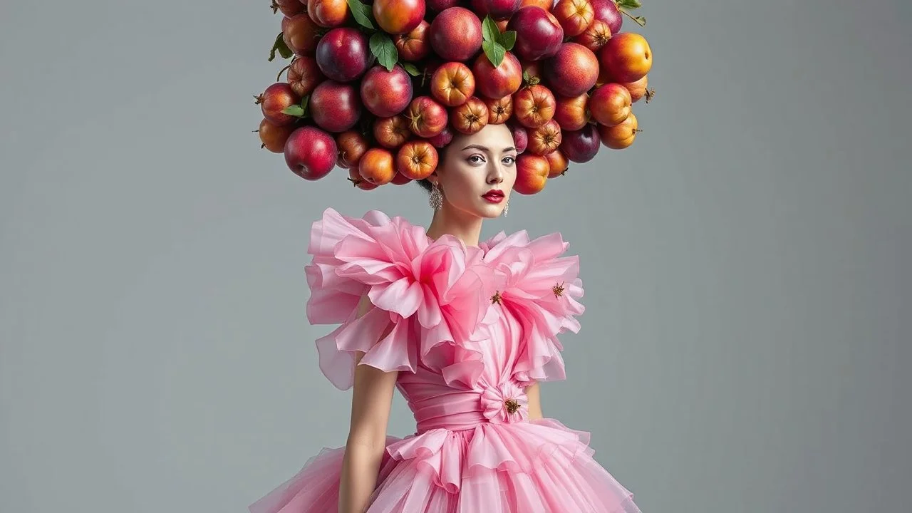 High fashion photography of a model in a Tim Walker and Alexander McQueen style pink plum dress, studio lighting, large-scale headdress with many fruits, wide shot, highly detailed, hyperrealistic, cinematic photography - ar 9:16. High fashion photo shoot of a model in a Tim Walker style pink plum dress, intricate headdress made of conceptual plum fruit sculptures