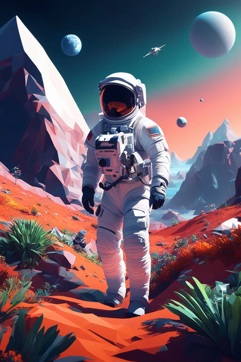 (((close midshot))), (((low poly art:2))), (astronaut), ultra detailed illustration of an environment on a dangerous:1.2 exotic planet with plants and wild (animals:1.5), (vast open world), astroneer inspired, highest quality, no lines, no outlines candid photography. by Lekrot