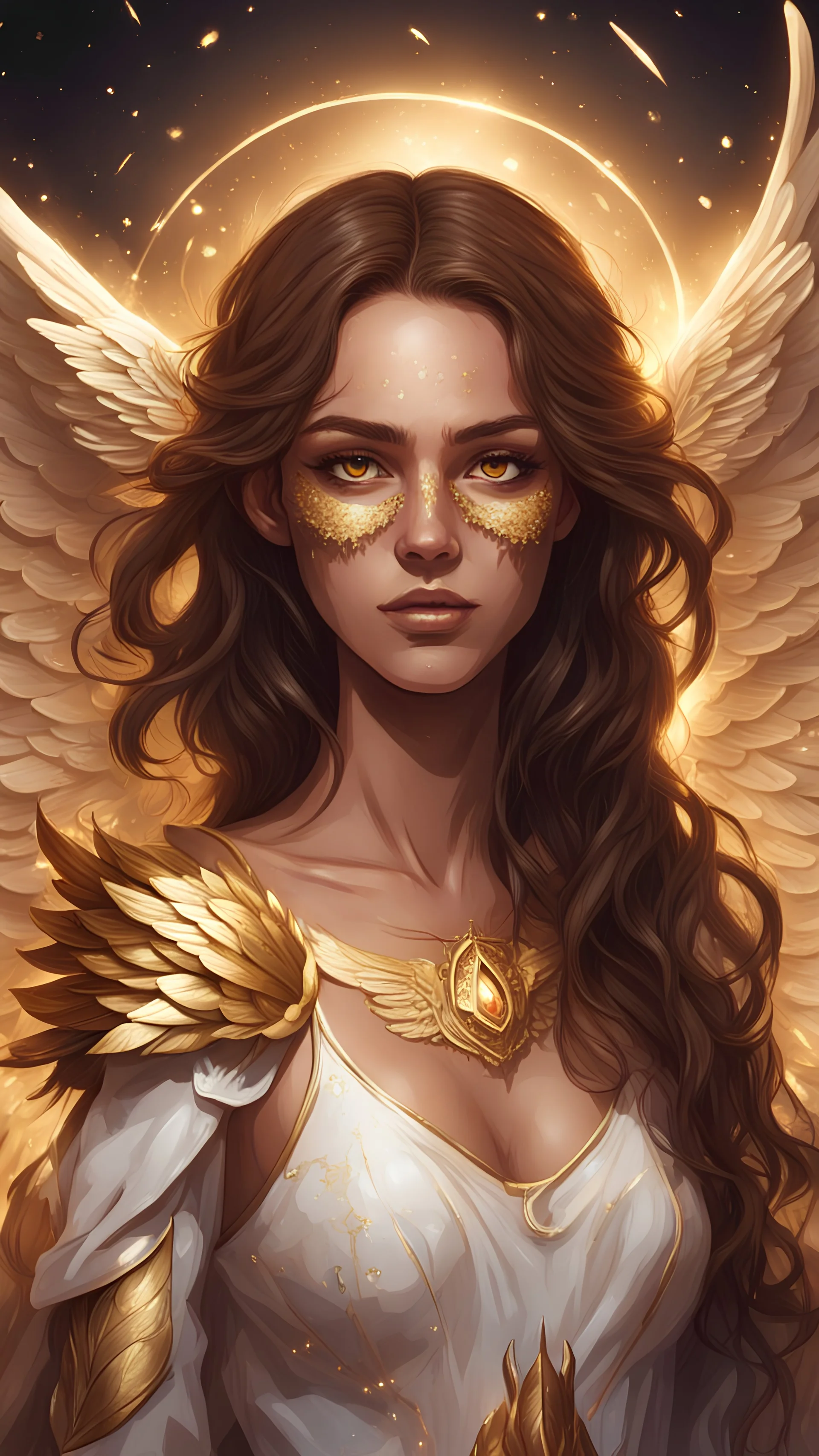 Young woman in arcane art style. Brown hair and gold eyes, Light brown skin, golden freckles, wings for ears