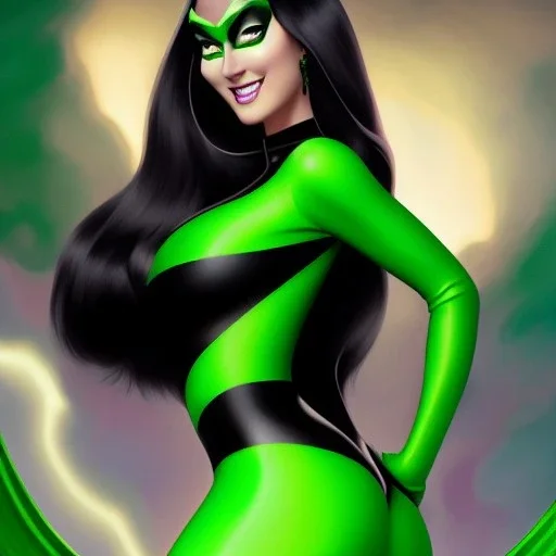 ultra detailed fullbody portrait of Shego, wearing skintight Black costume, extremely detailed digital painting, intrincate, extremely detailed smiling face,crystal clear Big Green eyes, in the style of Adam Hughes , mystical colors , perfectly centered image, perfect composition, rim light, beautiful lighting,8k, stunning scene, raytracing