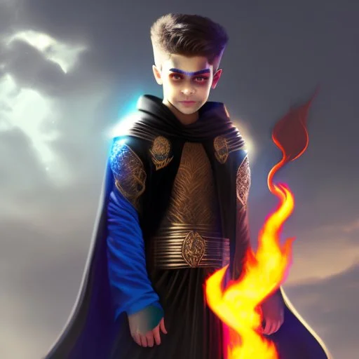 A 25 years boy persian in matte black robes with flaming eyes with grin with flaming light blue pupils stands atop a squire Two infinity gauntlets contain six infinity stones, one of which is made with nano In the hands of a powerful man walking While standing on a majestic height from afar With two big wings