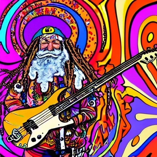 TRIPPY, ACID, LSD, WOODSTOCK, hippie Santa playing electric guitar, psychedelic, peace sign, MUSHROOMS, dreadlocks