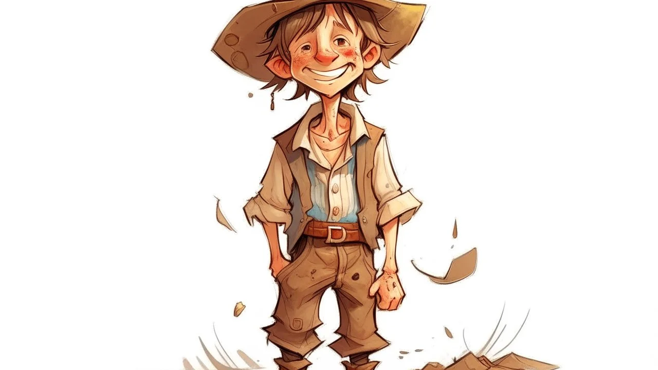 fantasy illustration of a cute but very poor country boy. He is 10 years old ,his clothes are torn, but he looks happy.