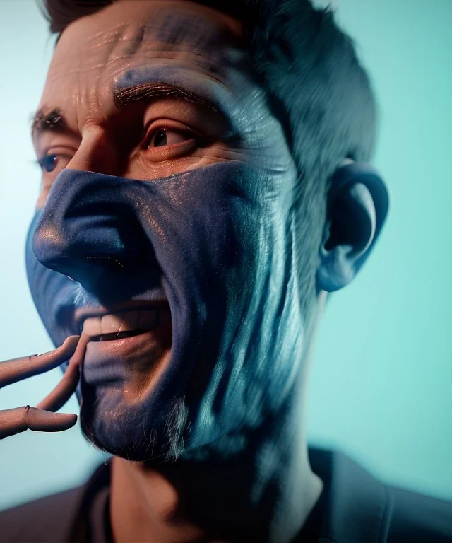 Realistic image, waist up view, a guy making the fuck you gesture with his hand, blue smoke coming out of his eyes, nose and mouth. Happy, smile, soft color, highly detailed, unreal engine 5, ray tracing, RTX, lumen lighting, ultra detail, volumetric lighting, 3d, finely drawn, high definition, high resolution.