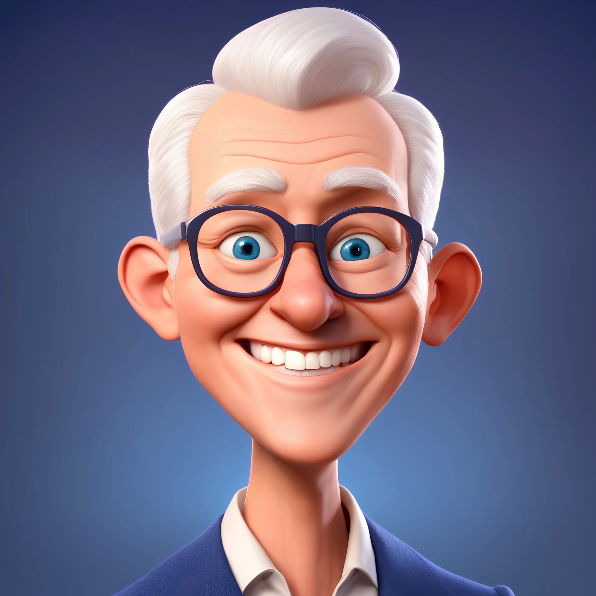 a portrait of smiling wise western man. caricature. white short hair. light skin. blue eye pupils. elips eyeglasses, silver frame. oblong face shape. wear navy blue formal dress. pixar style. 3D. 4k. portrait. highly detailed. sharp focus. high resolution. full color. cinema lighting. with food background