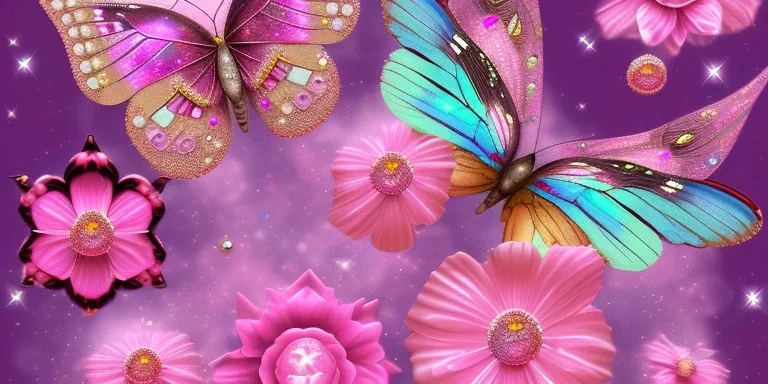 pink, crystals, flowers, glitter, pixies, butterflies, collage