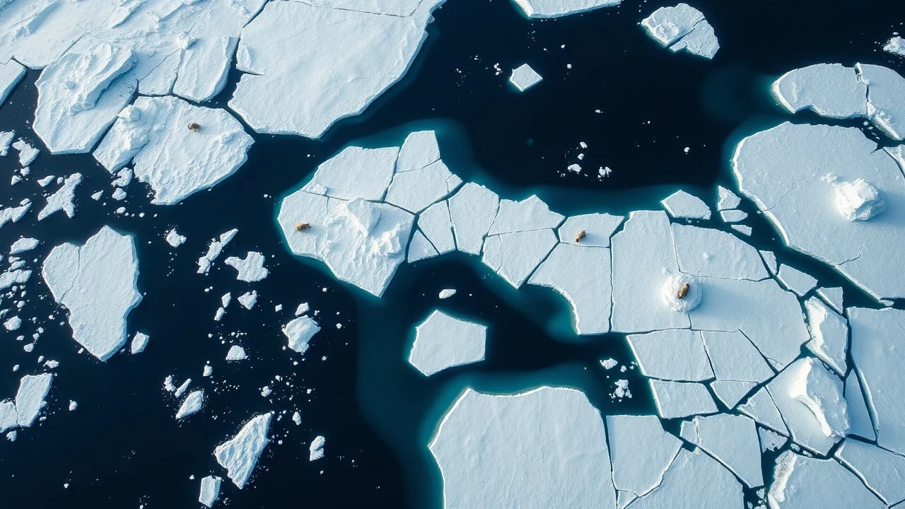 Climate emergency. An aerial view of the polar ice caps, dramatically melting into the ocean. Large chunks of ice break off and float away, leaving behind deep, dark blue water. In the distance, polar bears struggle to find solid ground. Beautiful award-winning photograph, inspiring, rule of thirds, balanced delightful composition, perfect lighting, superb detail, 16k render