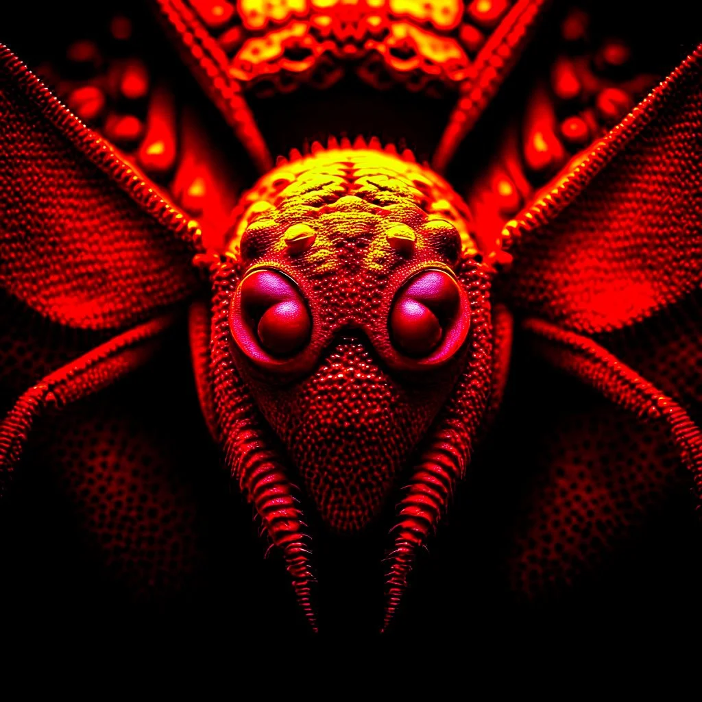 A national geographic award skin color patterned like a poisinous incect or reptile, horrorcore, science gone crazy, winning photograph of of a bat spider housefly hybrid in nature and on the hunt, 64k, reds, oranges, and yellows anatomically correct, 3d, organic surrealism, dystopian, photorealisitc, realtime, symmetrical, clean, 4 small compound eyes around two larger compound eyes, surrealism telephoto dynamic lighting 64 megapixels Unreal Engine volumetric lighting VRay