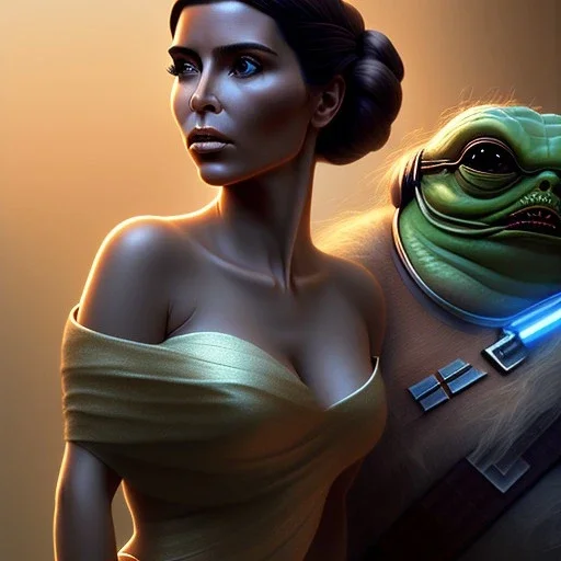 A film still of kim kardashian as princess leigha cuddling jabba the hut in star wars, highly detailed, digital painting, artstation, concept art, sharp focus, illustration, cinematic lighting, art by artgerm and greg rutkowski and alphonse mucha diffuse lighting, fantasy, intricate, elegant, highly detailed, lifelike, photorealistic, digital painting, artstation, illustration, concept art, smooth, sharp focus, art by John Collier and Albert Aublet and Krenz Cushart and Artem Demura and Alphonse