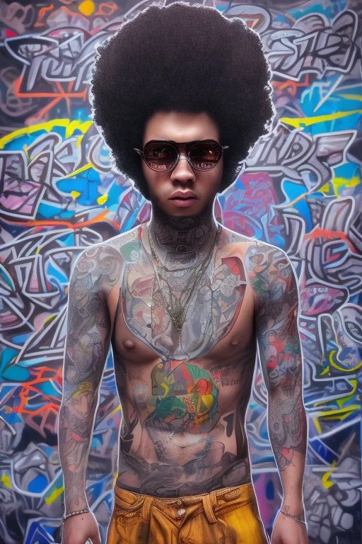 Rapper with glasses on, tattoos and piercings, afro hair and baggy pants. Graffiti wall in background