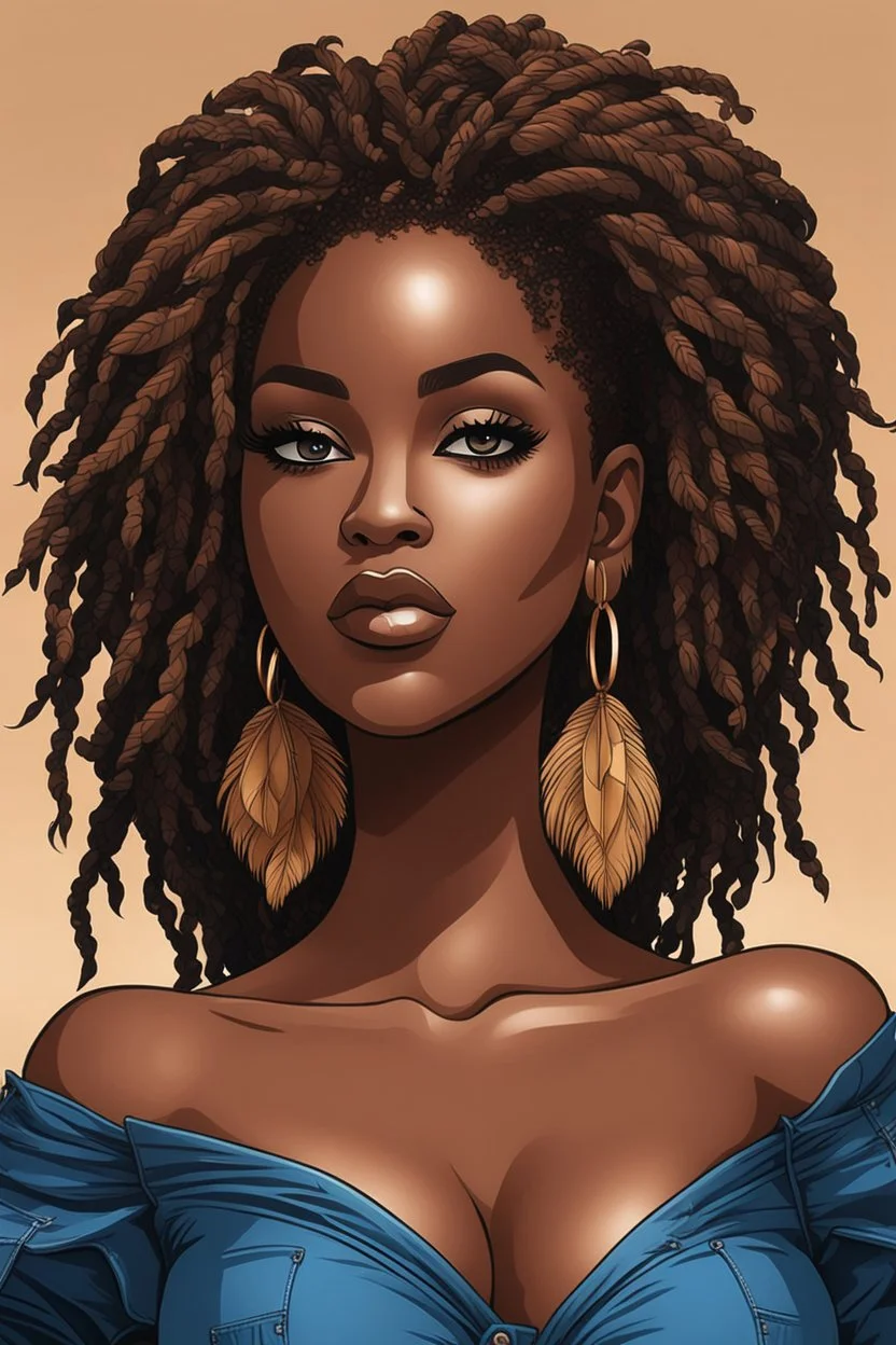 create a silhouette art illustration of a curvy black female wearing Tight blue jeans and a hazel brown off the shoulder blouse. Prominent make up with long lashes and hazel eyes. She is wearing brown feather earrings. Highly detailed long black shiny dread locs