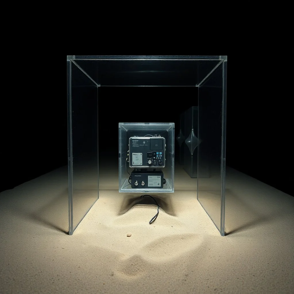 A photo of a dark, closed environment in a dark closed space. At the center, a transparent structure made of plastic encloses some electronical devices. The surface below appears to be sandy, with small accumulations of sand. In the background, other forms or structures are visible, some of which are thin and transparent. The photo was taken with a Hasselblad H6D 400c camera.