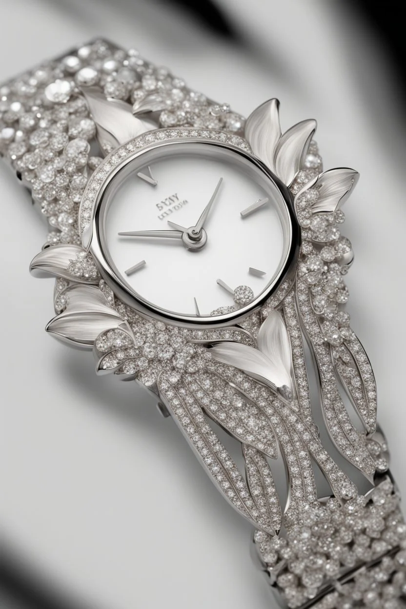 White gold engraved wristwatch containing white crystal jewels in the shape of a lily White background