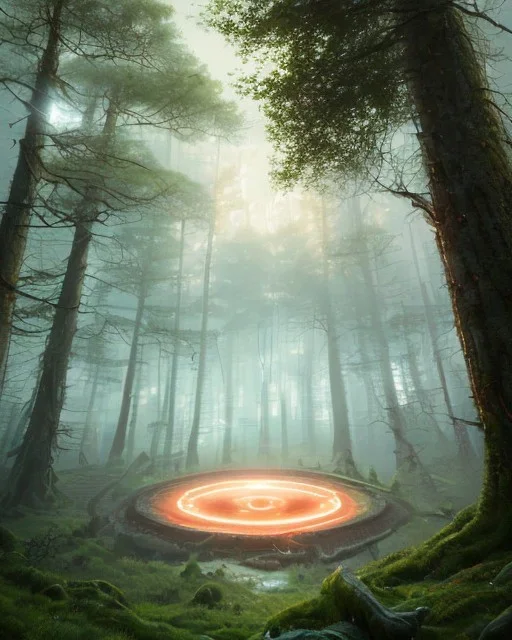 A Epic circular biomechanical fire ring portal, in middle of surreal hills, surrounded with beautiful cloud mist, huge trees with abnormal shape, oversized trees, art by Jordan Grimmer, high level of details