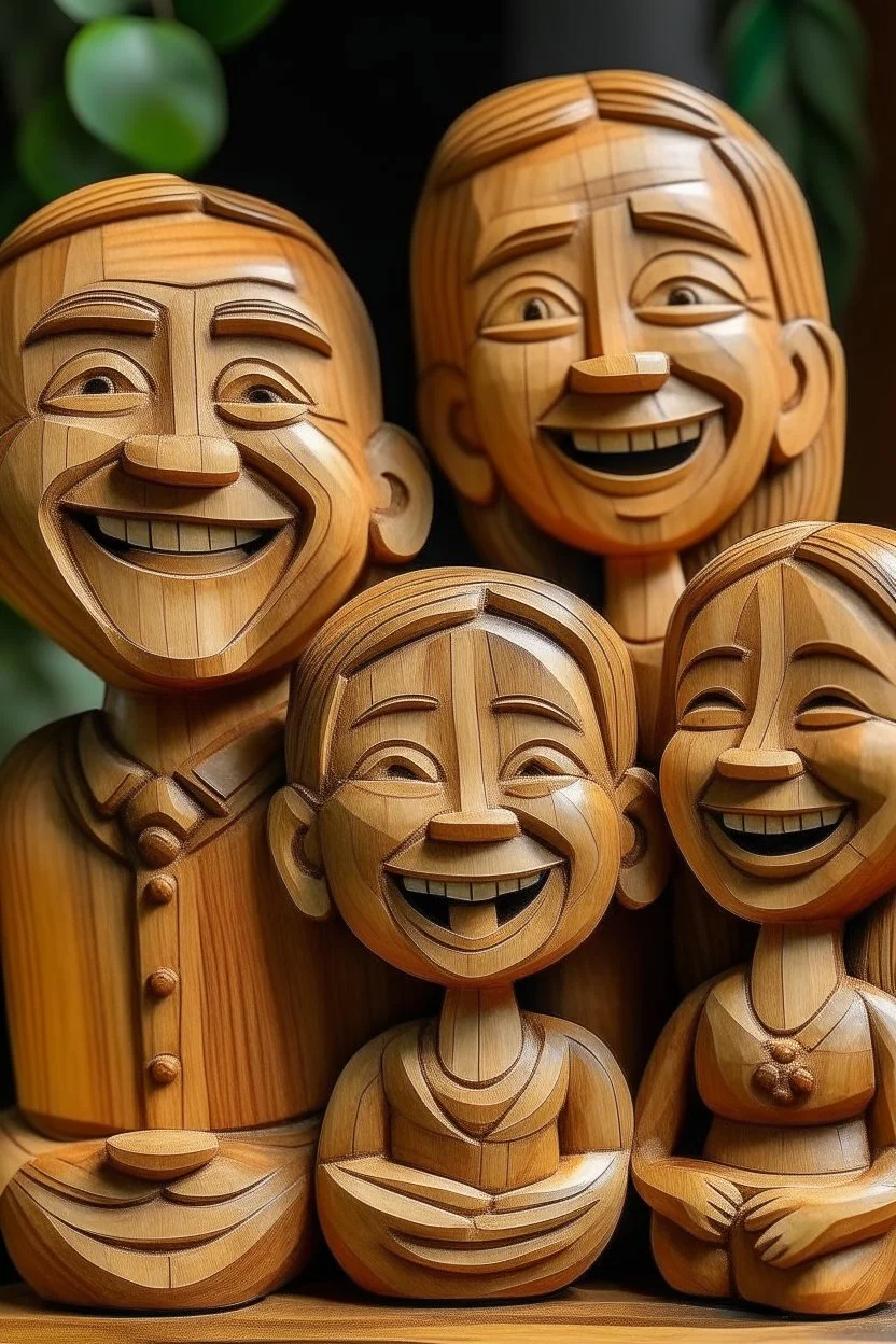 une joyeuse famille souriante, entièrement scultée dans le bois.