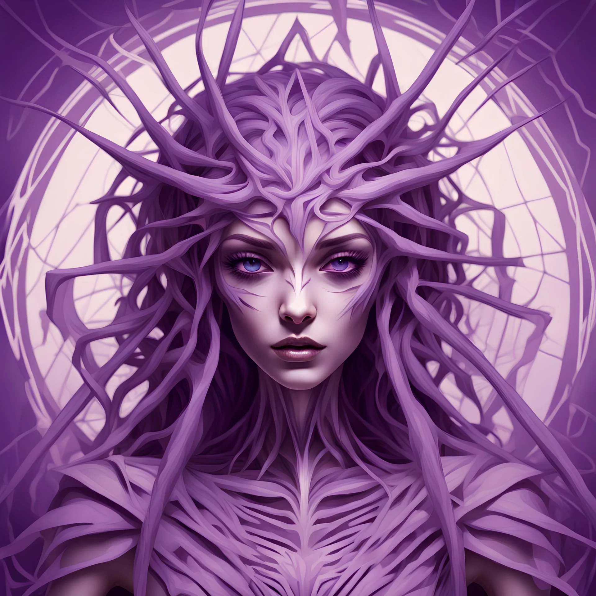 Arachne with light-purple purple dull-purple purple-white and brown-purple palette in vorticism art style