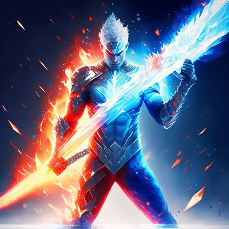 A superhero man with infinite power and technology from the galactic race, with a double-edged sword of fire and ice.