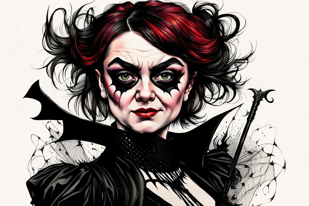 create a wild caricature of Maisie Williams as a savage, ravenous, gothpunk vampire girl with highly detailed and refined facial features and hair, clothed in an ornate Gothic rags and fishnet stockings, in the caricature cartoon style of Gerald Scarfe and Ralph Steadman, precisely drawn, boldly inked, vividly colored, 4k