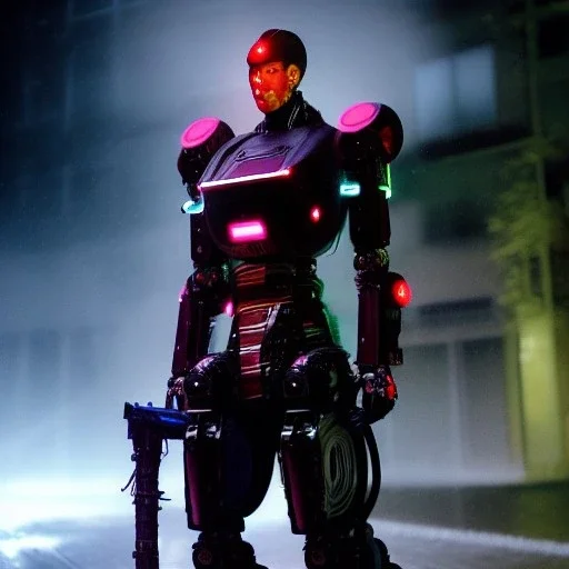 A portrait of a Robot, Japanese cyber samurai, art by Yoji Shinkawa, artist, cold ambient, rain, fog, latex, cables, purpurin, black, decorative color lights, neon style, a lot of led lights, fog, rain, vibrant color, highly detailed, art stations, concept art, smooth, unreal engine 5, god rays, ray tracing, RTX, lumen lighting, ultra detail, volumetric lighting, 3d, finely drawn, high definition, high resolution.