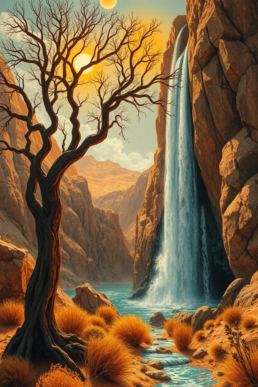 Hieronymus Bosch Style high quality picture waterfall in the desert sunny hot atmosphere dry tree