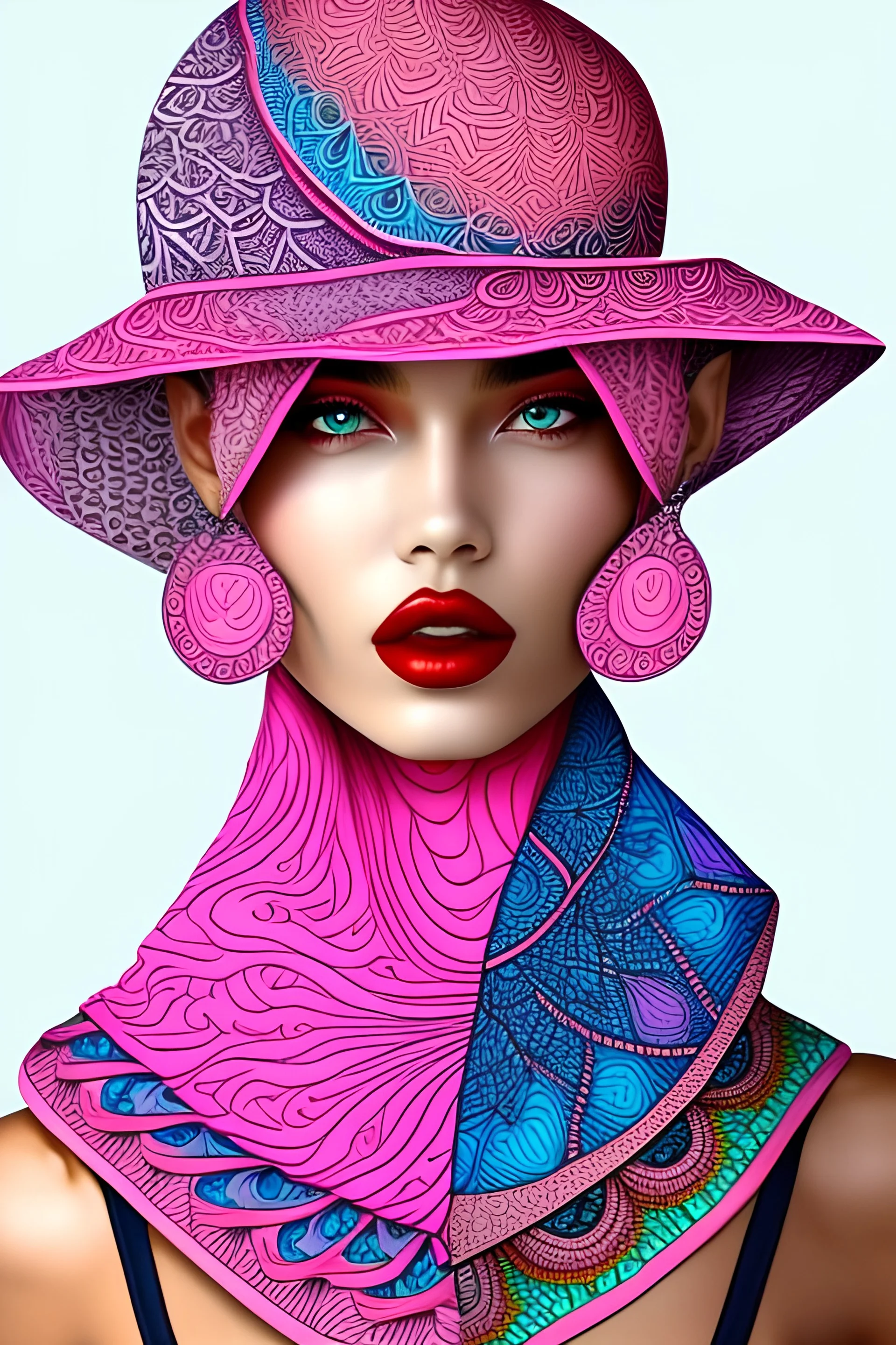 Beautiful model, full of imperial colors, the sun lighting her face, her lipstick and blush are pink, She has a fantastic pink and blue zentangle hat on and a zentangle scarf around her neck