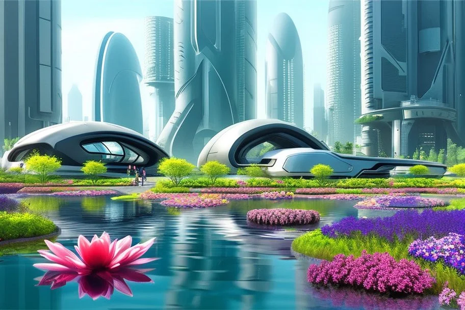 Futuristic city, people, pond, flowers