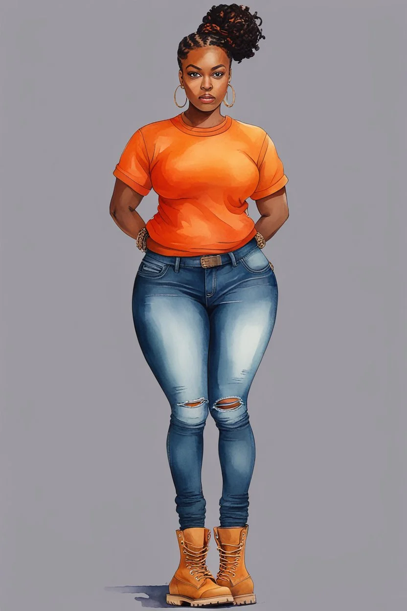 Create a watercolor image of a curvy black female wearing tight cut up jeans and a orange tshirt with timberland boots. Prominent make up with hazel eyes. Highly detail two cornrows going down her head.