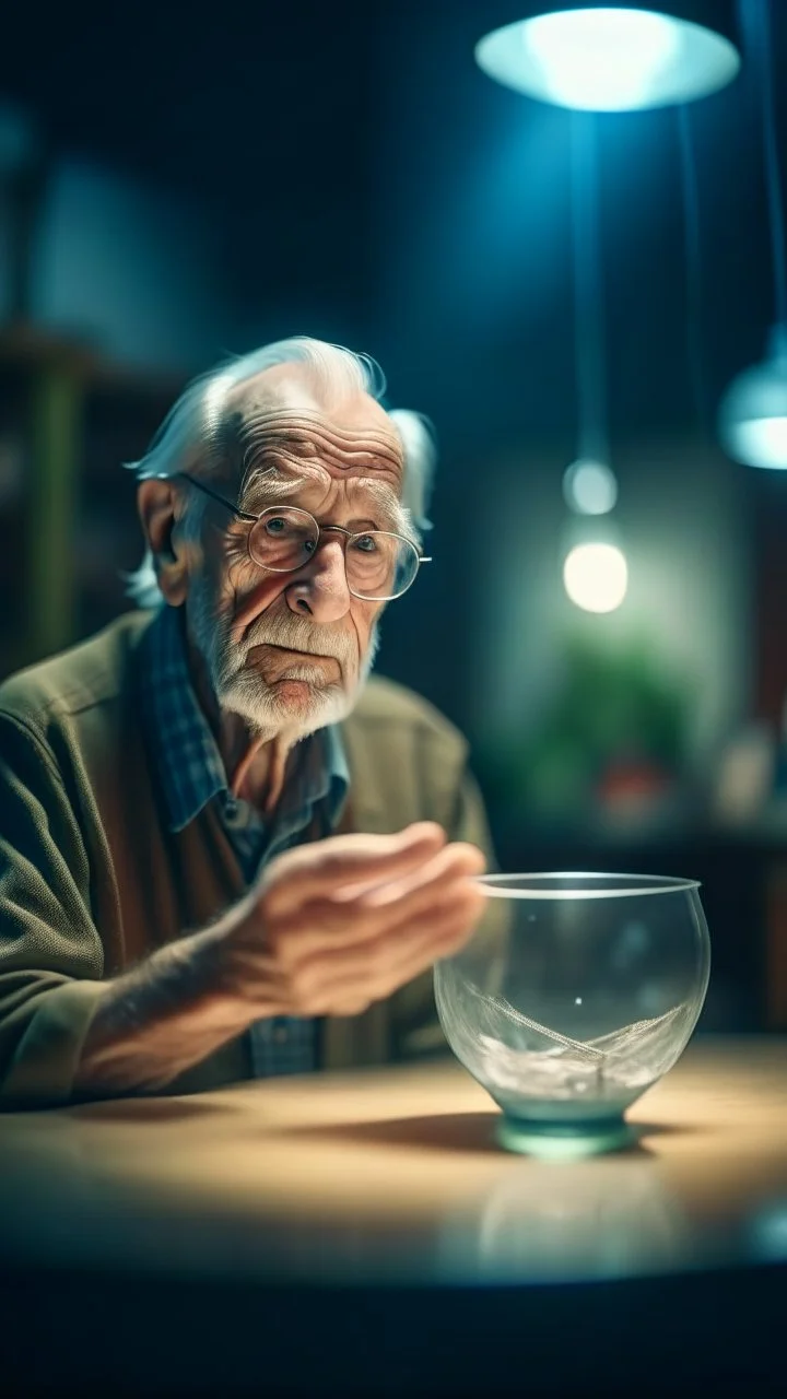 portrait of confused old man holding a glass bowl in glass nursery studying his own claws, bokeh like f/0.8, tilt-shift lens 8k, high detail, smooth render, down-light, unreal engine, prize winning