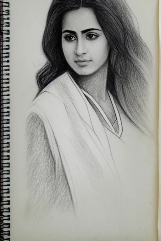 Pencil sketch of Young woman , nurse , Arab features,sad, long wavy hair, full body، on lined paper