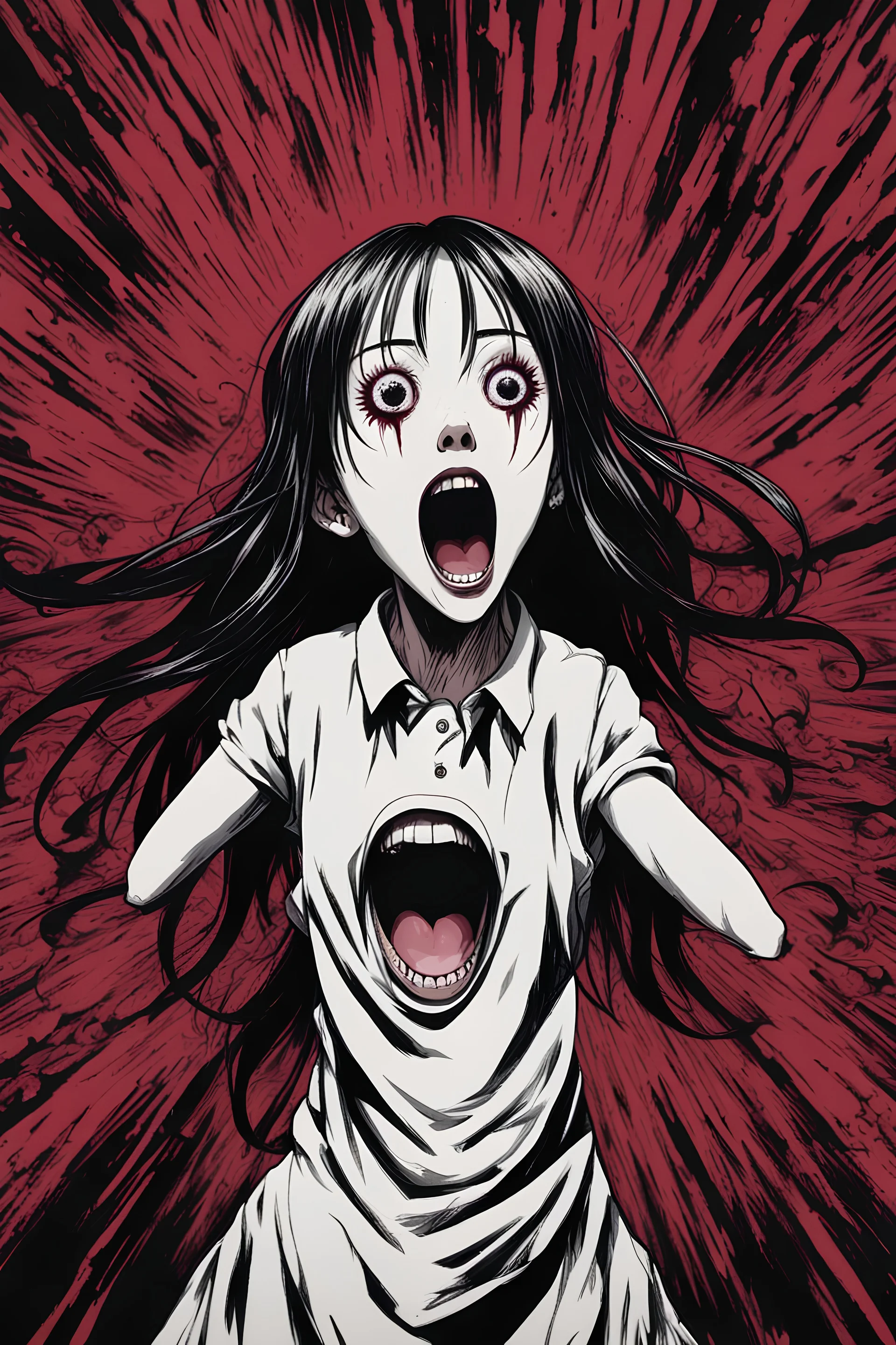 Petit woman with rare eyes, weird pose, fullbody, screaming, tears, Junji Ito style, darkred tones,